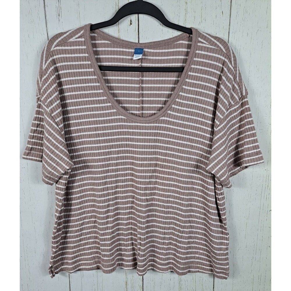 Old Navy Size Large Womens Brown White Striped Ribbed Short Sleeve Top